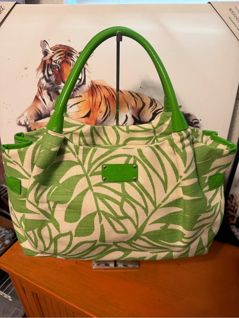 Kate Spade Green Tropical Leaf Canvas Bag EUC